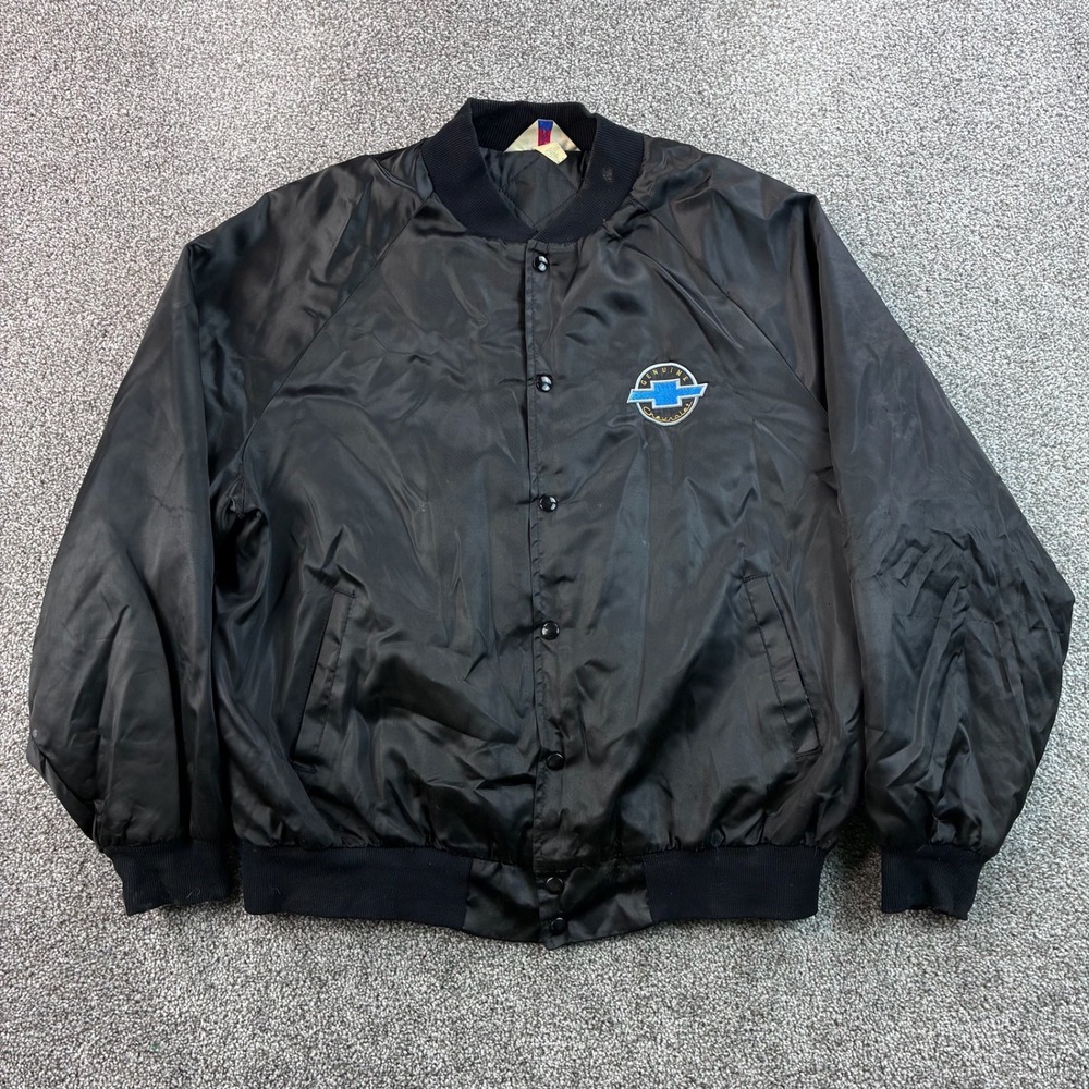 Vintage Chevrolet Bomber Jacket Mens 2XL Black Satin USA Made Snap Button